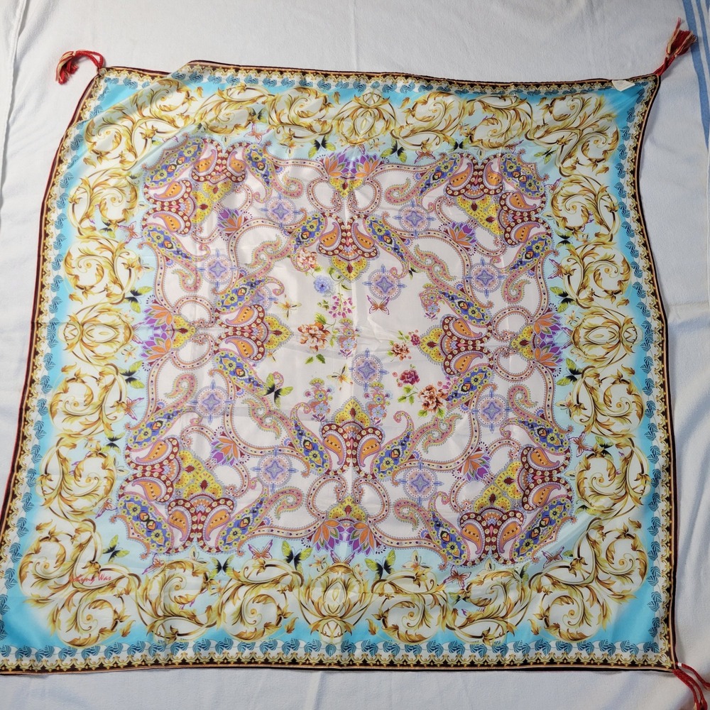 Johnny Was 100% Silk Square Scarf Scroll Tassels 43x42 Blue Gold New With‎ Tags